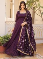 Vichitra Silk Wine Party Wear Embroidery Zari Sequence Work Readymade Gown With Dupatta